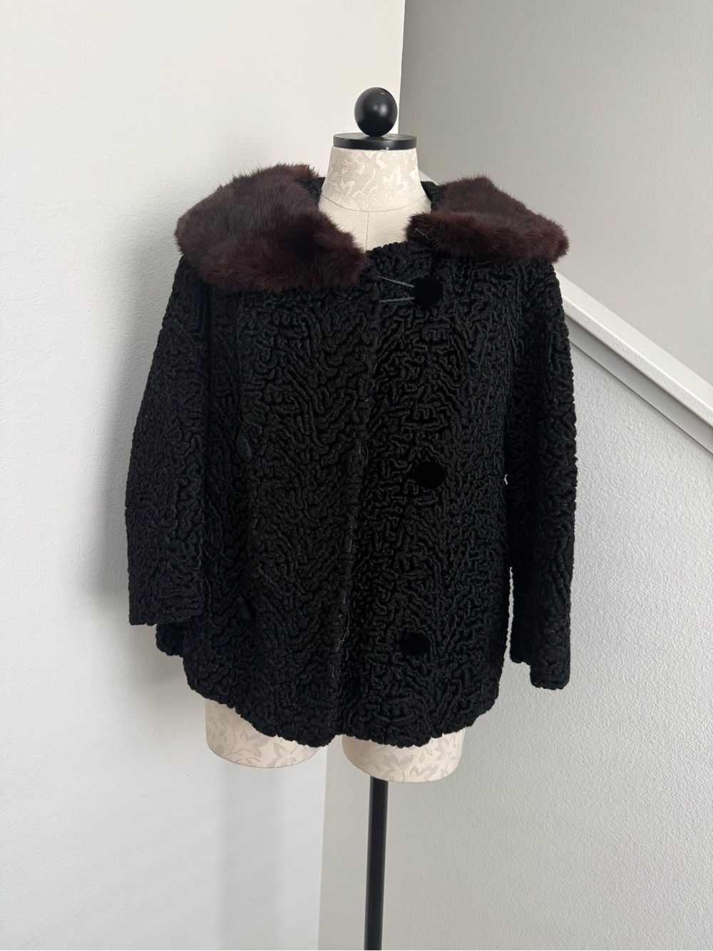 Vintage Union Made Black Persian Lamb Mink Collar Cropped Jacket